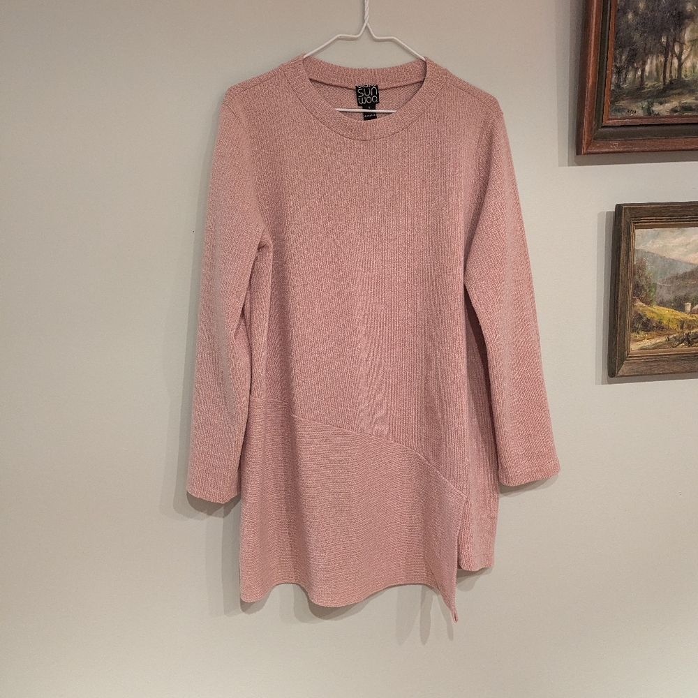 Clara Sun Woo Tunic Top Women's Large Blush Pink Ribbed Knit Asymmetric Seam 54